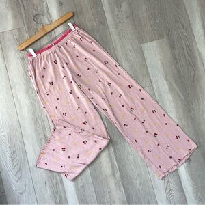 Cherry Pajama Pants cotton crop wide leg ribbed womens Pink (small) loungewear